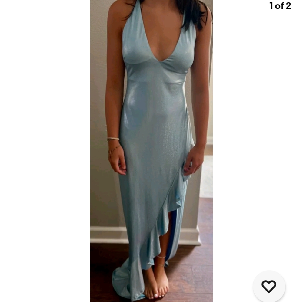Blue Metallic Ruffled Strappy-Back Gown by Social Couture